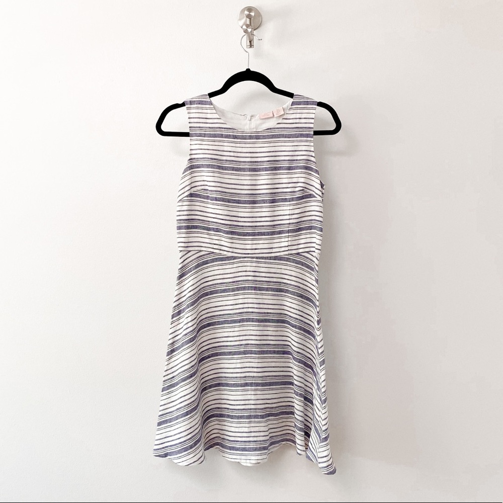 St. Tropez West 100%‎ Linen Nautical Preppy Chic Striped Mini Dress Blue White
